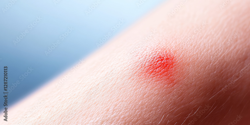 Fototapeta premium Closeup a red bump on arm. Skin diseases, dermatology, allergy, insect bite
