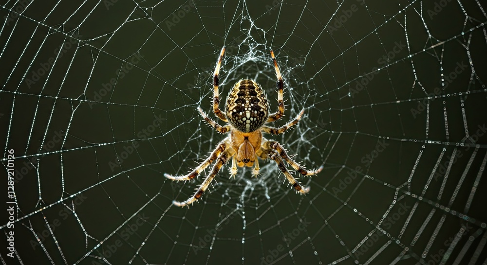 European Garden Spider Suspended in Web Against Dark Green Background European Garden Spider Suspended in Web Against Dark Green Background
