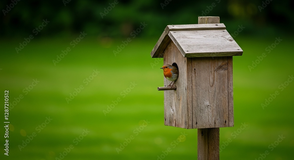 Colorful bird perched on rustic birdhouse against lush green backdrop Colorful bird perched on rustic birdhouse against lush green backdrop