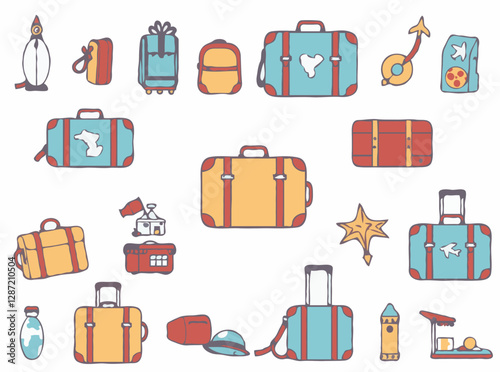 Illustrated luggage and suitcases with 15 travel icons and souvenirs. Travel-themed objects in vector illustration.