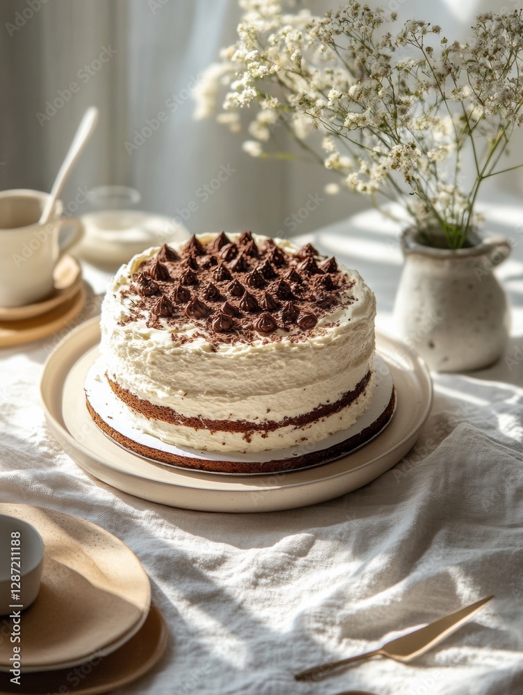 Delicious chocolate cake on a rustic table with flowers and coffee in a cozy, sunlit setting. Generative AI Delicious chocolate cake on a rustic table with flowers and coffee in a cozy, sunlit setting. Generative AI
