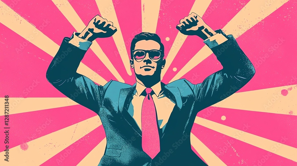A confident businessman celebrating success with raised fists in a vibrant graphic style. A confident businessman celebrating success with raised fists in a vibrant graphic style.