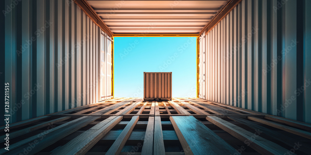 Fototapeta premium Wooden pallets stack inside empty container for cargo shipping. Sea freight delivery 