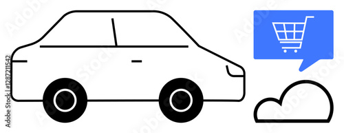 Car with two black wheels adjacent to blue speech bubble containing shopping cart icon above cloud shape. Ideal for online shopping, transportation, cloud storage, ecommerce, digital services