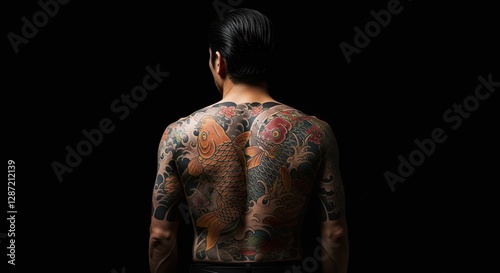 Man with Full Back Tattoo Featuring Koi Fish and Floral Designs