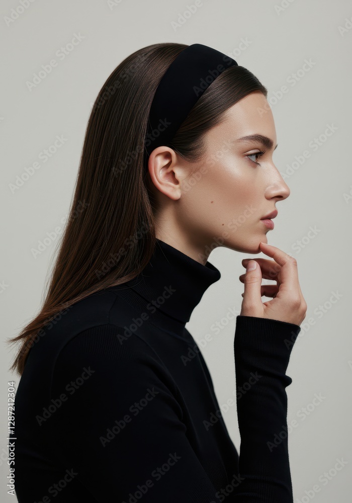 Elegant profile of woman in black with headband and thoughtful expression Elegant profile of woman in black with headband and thoughtful expression