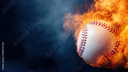 A dynamic baseball is engulfed in flames, soaring through a smoky background, capturing the essence of speed and intensity in sports.