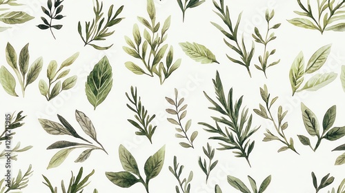 A vibrant pattern of various green leaves and foliage set against a light background.