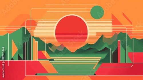 Abstract landscape with vibrant colors, featuring geometric elements and a sunset aesthetic.