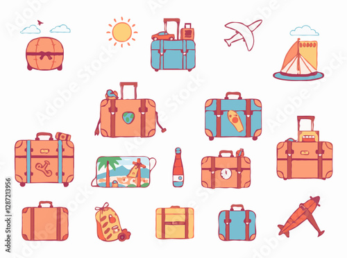 Illustrated luggage and suitcases featuring 15 vacation icons and souvenirs. Trendy vector graphics for travel designs.