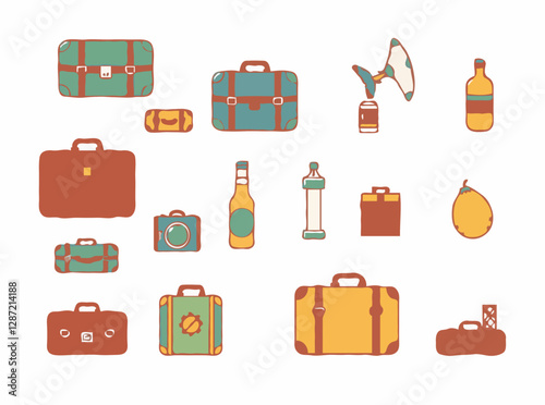 Vintage luggage collection with 15 icons of travel essentials and souvenirs