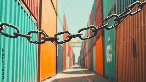 Colorful shipping containers stacked in an industrial port with a focus on a chain.