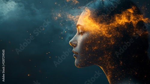 Empowered Mindset: Portrait of a Woman with Abstract Cosmic Elements Representing Creativity and Inspiration