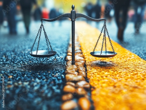 A realistic depiction of balance scales on a road symbolizing equality in society and justice for all people and spaces.