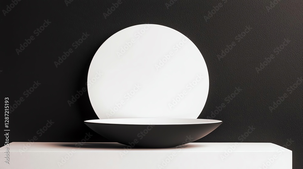 Fototapeta premium Minimalistic black and white plate set against a dark background, perfect for dining.