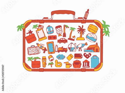 Retro suitcase loaded with 15 travel icons and vacation souvenirs