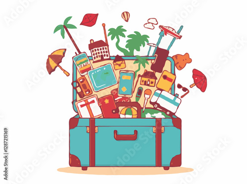 Retro suitcase loaded with 15 travel icons and vacation souvenirs