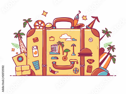 Retro suitcase loaded with 15 travel icons and vacation souvenirs
