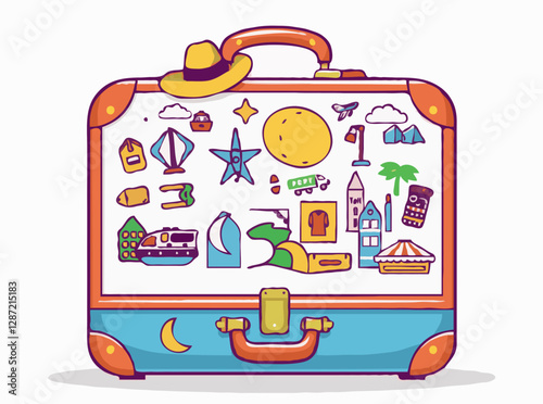 Retro suitcase loaded with 15 travel icons and vacation souvenirs
