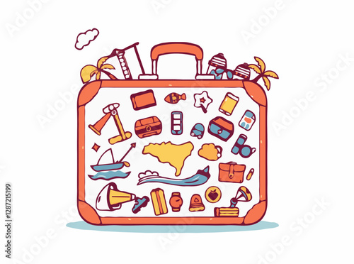 Retro suitcase loaded with 15 travel icons and vacation souvenirs