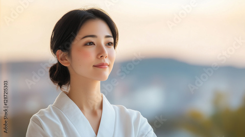 serene woman in white robe gazes thoughtfully at horizon, embodying tranquility and reflection. Free Download serene woman in white robe gazes thoughtfully at horizon, embodying tranquility and reflection. - GFXLoad