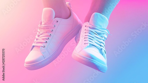 Stylish white sneakers in a vibrant, colorful backdrop showcasing modern fashion.