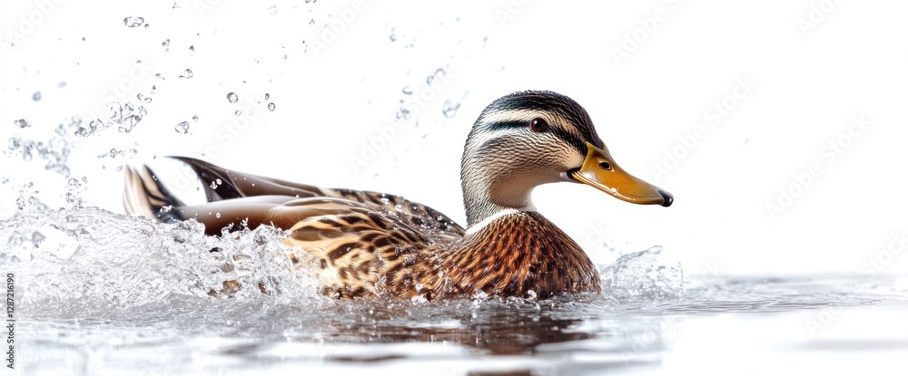 Obraz premium Elegant female mallard gliding smoothly through water with splashes against white background