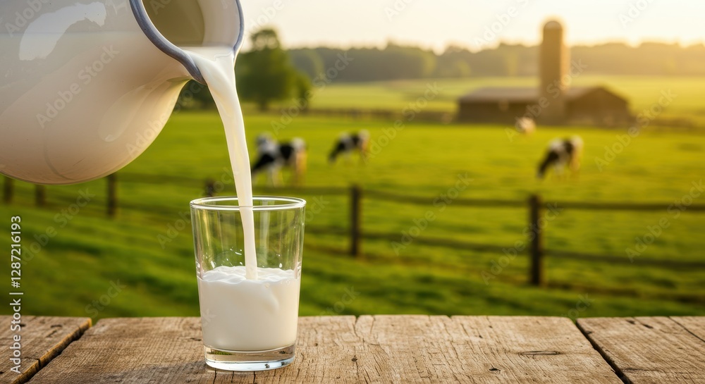 Fresh milk pouring into glass with scenic farm background at sunset Fresh milk pouring into glass with scenic farm background at sunset