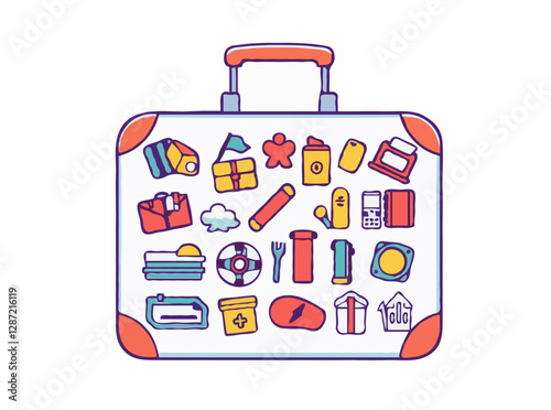 Colorful suitcase filled with 15 icons representing travel objects and souvenirs