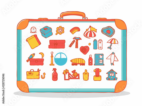 Colorful suitcase filled with 15 icons representing travel objects and souvenirs