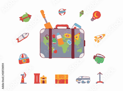 Colorful suitcase filled with 15 icons representing travel objects and souvenirs