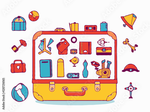 Colorful suitcase filled with 15 icons representing travel objects and souvenirs