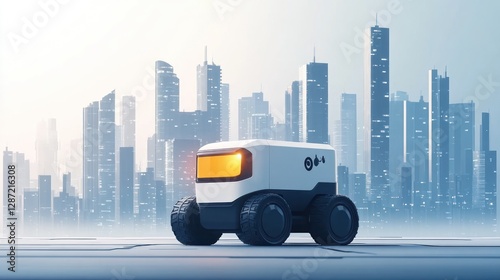 Autonomous delivery robot cityscape sunrise future photo