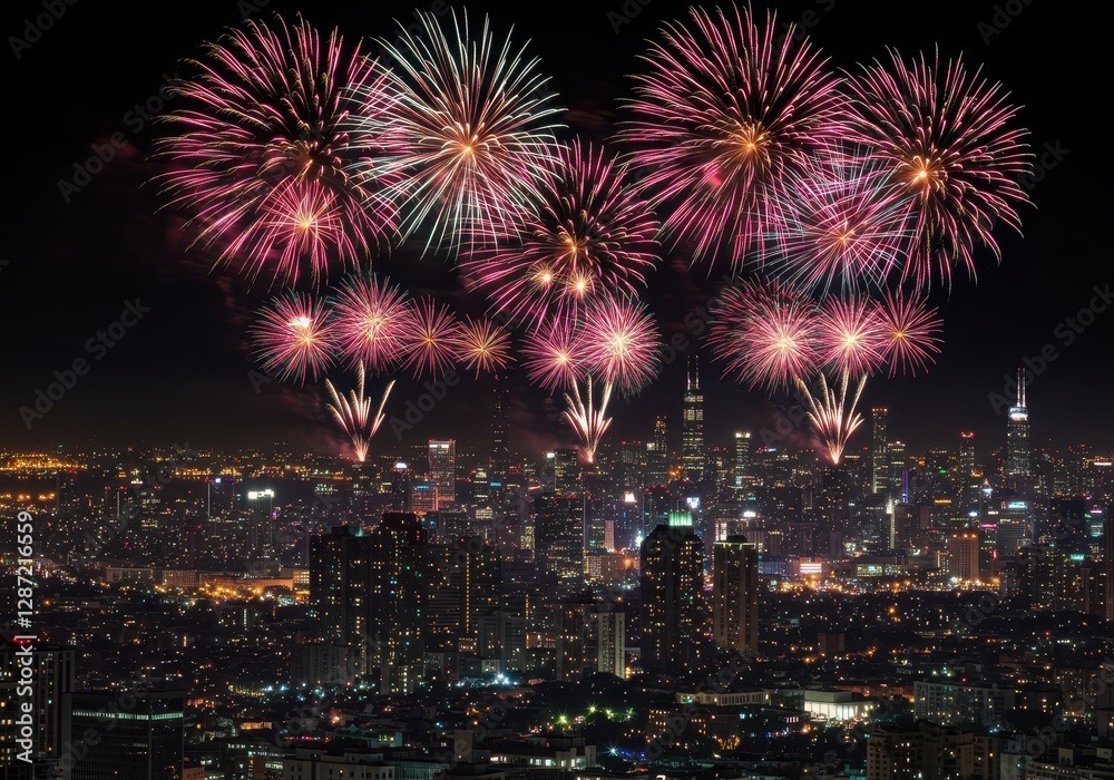 Stunning fireworks display over city skyline during night celebration Stunning fireworks display over city skyline during night celebration