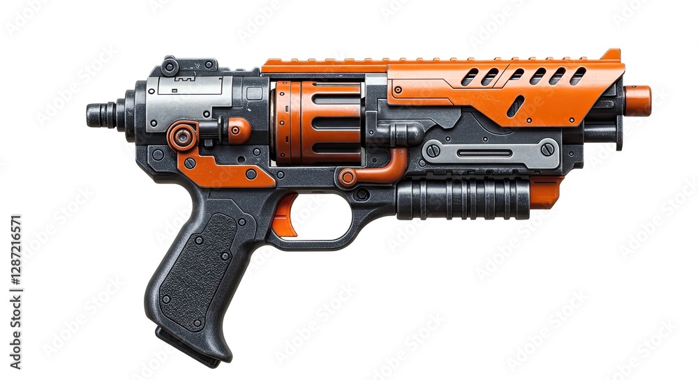 Futuristic Orange and Gray Toy Gun Isolated on White Background Futuristic Orange and Gray Toy Gun Isolated on White Background