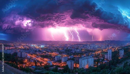City lights, storm clouds, night lightning