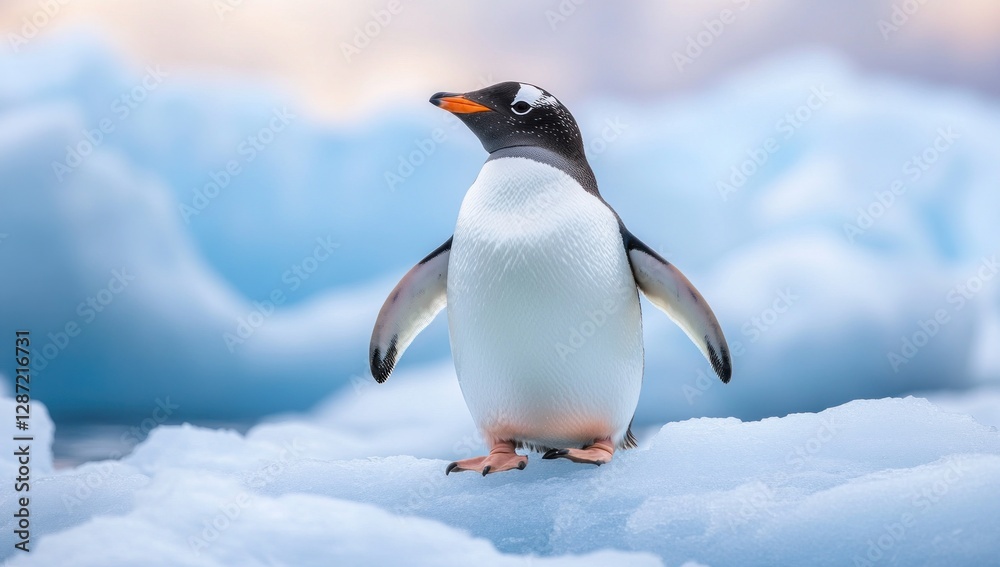 Fototapeta premium Gentoo penguin stands on icy platform against blurred glacial backdrop in antarctica nature scene