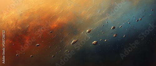 Asteroid field in nebula, cosmic dust, space background, game design