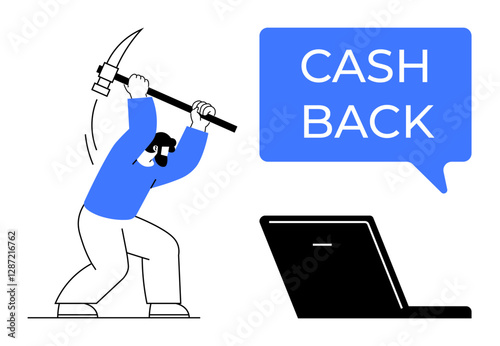 Person with raised pickaxe next to computer and Cash Back text in blue bubble. Ideal for finance, shopping, technology, rewards, online offers, money management, financial incentives themes. Abstract