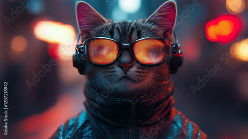 Cat wearing reflective sunglasses and a dark jacket in an urban street at night with colorful lights in the background photo