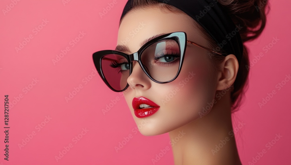 Retro beauty with pink background displaying bold red lips and fashionable cat eye sunglasses Retro beauty with pink background displaying bold red lips and fashionable cat eye sunglasses
