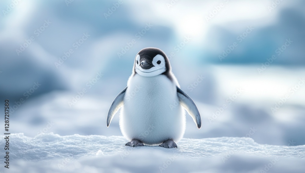 Obraz premium Adorable emperor penguin chick standing proudly on a snow covered antarctic landscape in soft light