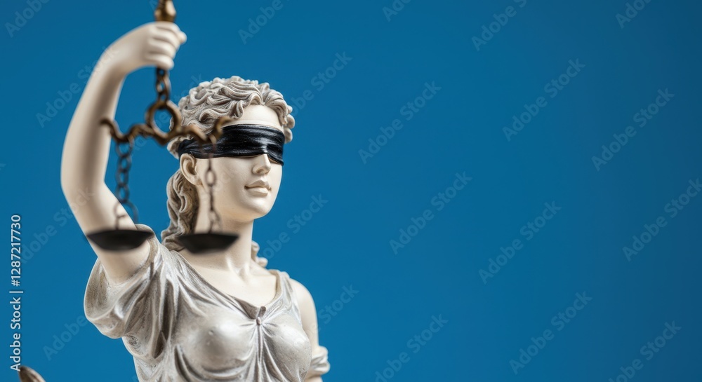 Obraz premium Blindfolded justice statue with scales against blue background