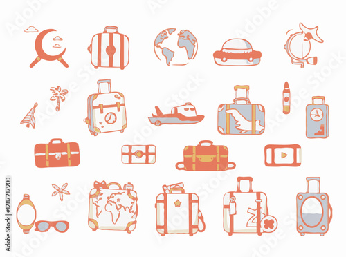 Illustrated luggage assortment featuring 15 travel icons and vacation memorabilia