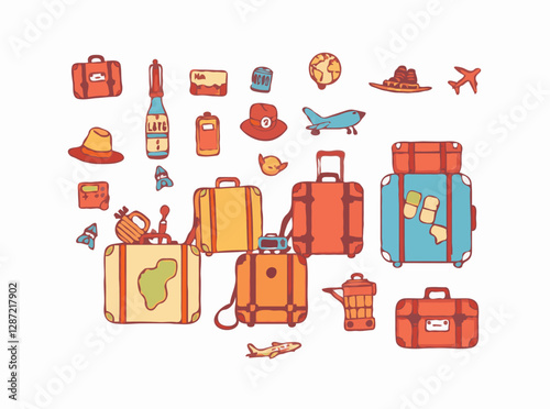 Illustrated luggage assortment featuring 15 travel icons and vacation memorabilia