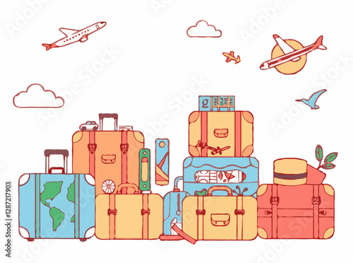 Illustrated luggage assortment featuring 15 travel icons and vacation memorabilia