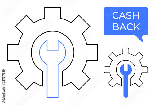 Wrench inside a gear next to a speech bubble with Cash Back text. Ideal for maintenance, repair, service reward, customer benefits, financial incentives, promotional offers, machinery upkeep