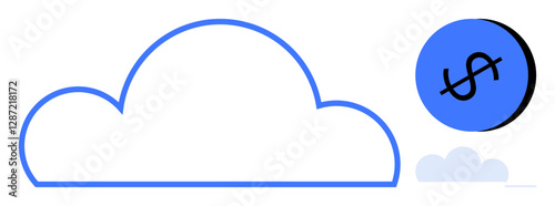 Large outlined cloud with blue dollar sign coin, small cloud below. Ideal for cloud computing, data storage, cost efficiency, internet services, online security, technology investments, fintech