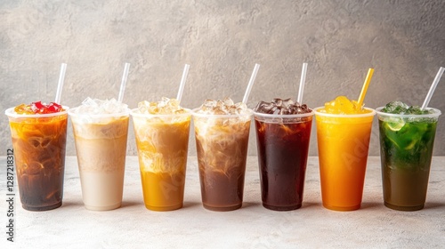 Variety of iced drinks in plastic cups on a light surface.