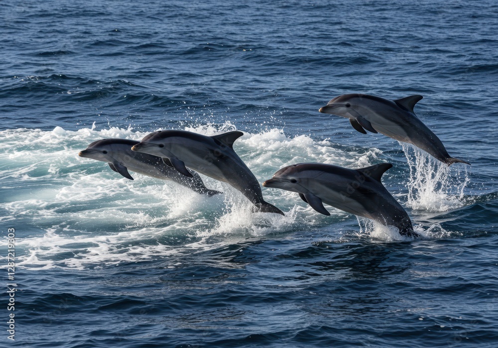 Fototapeta premium Four dolphins leaping gracefully over ocean waves in a stunning synchronized display